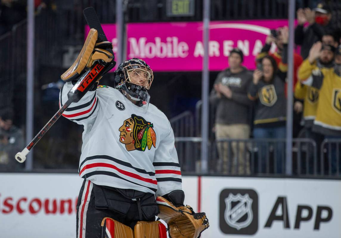 Chicago Blackhawks goaltender Marc-Andre Fleury (29) thanks the crowd before the start of the f ...