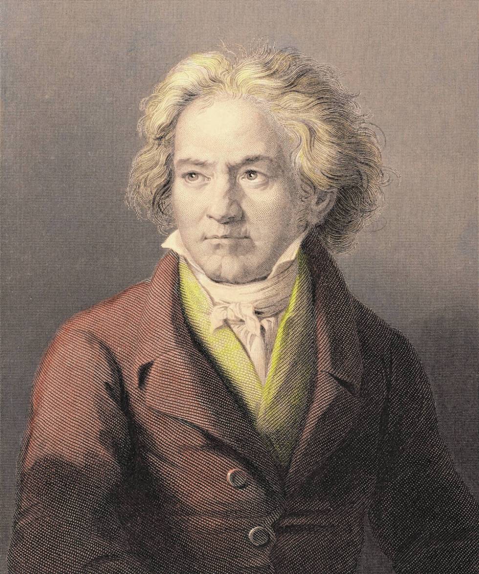 Ludwig van Beethoven (1770-1827) on hand colored engraving from 1845. German composer and piani ...