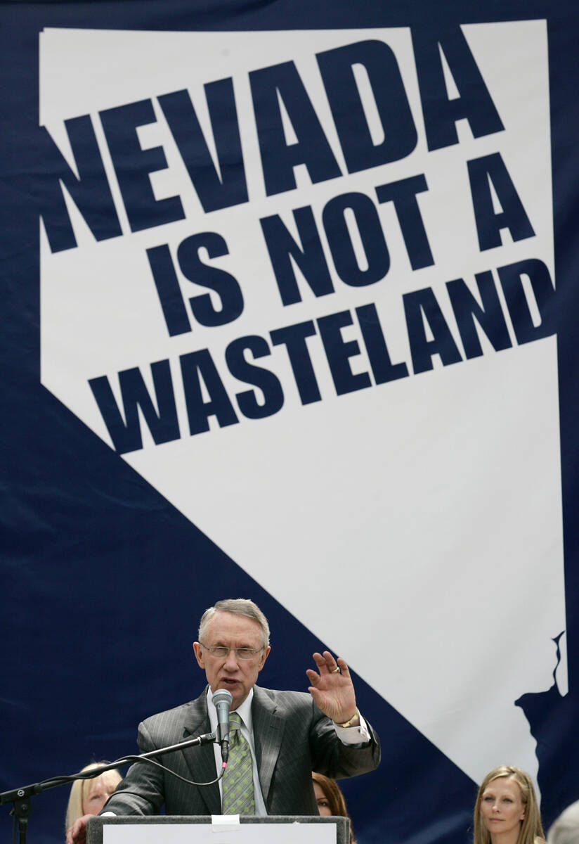 In this May 27, 2008, file photo, Harry Reid speaks at an anti-Yucca Mountain rally at Clark Co ...