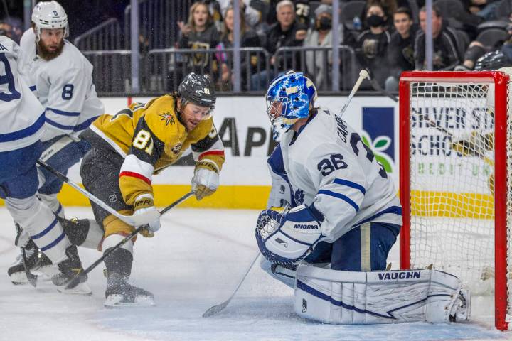 Golden Knights center Jonathan Marchessault (81) shoots on Toronto Maple Leafs goaltender Jack ...