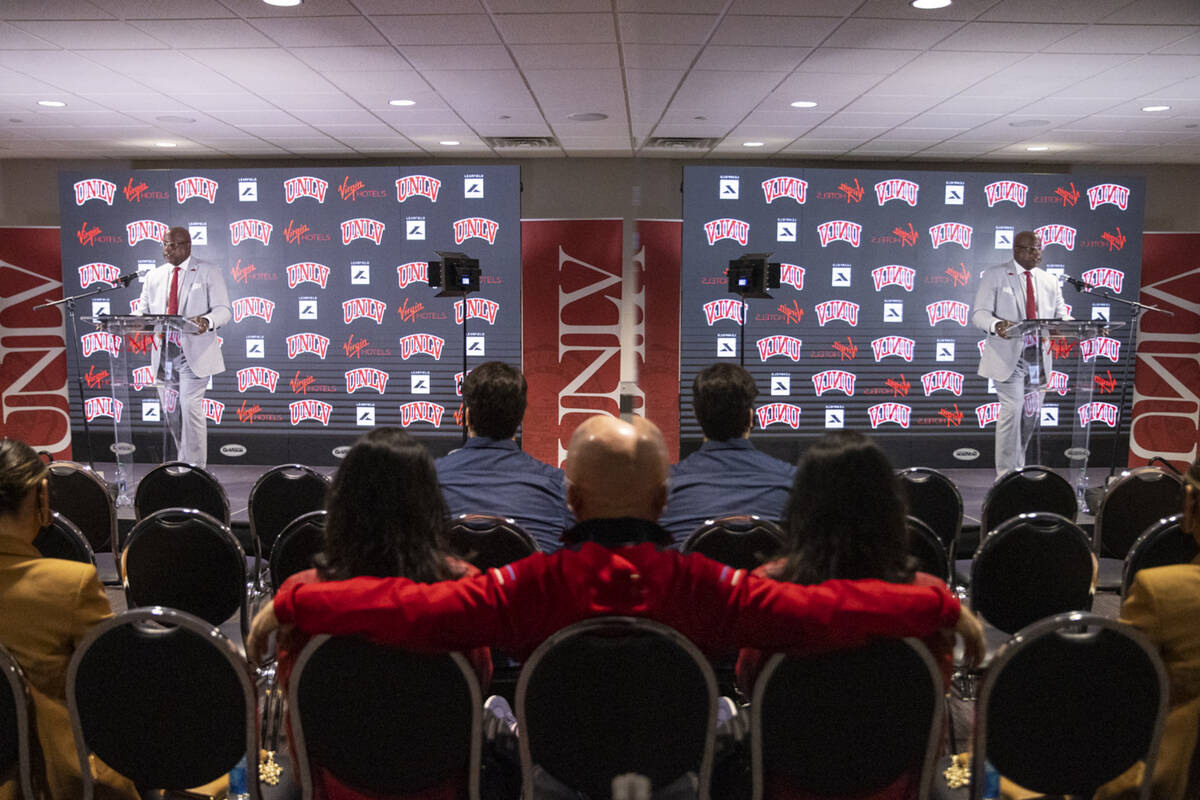 Erick Harper gives a speech during a press conference announcing him as the new UNLV director o ...