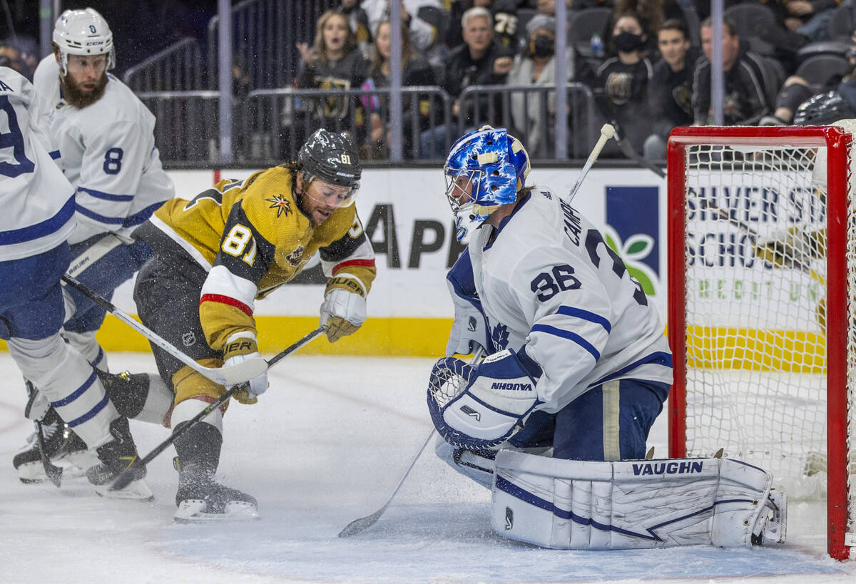 Golden Knights center Jonathan Marchessault (81) shoots on Toronto Maple Leafs goaltender Jack ...