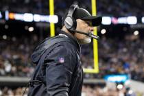 Raiders head coach Rich Bisaccia coaches Vegas in the second half during an NFL football game a ...