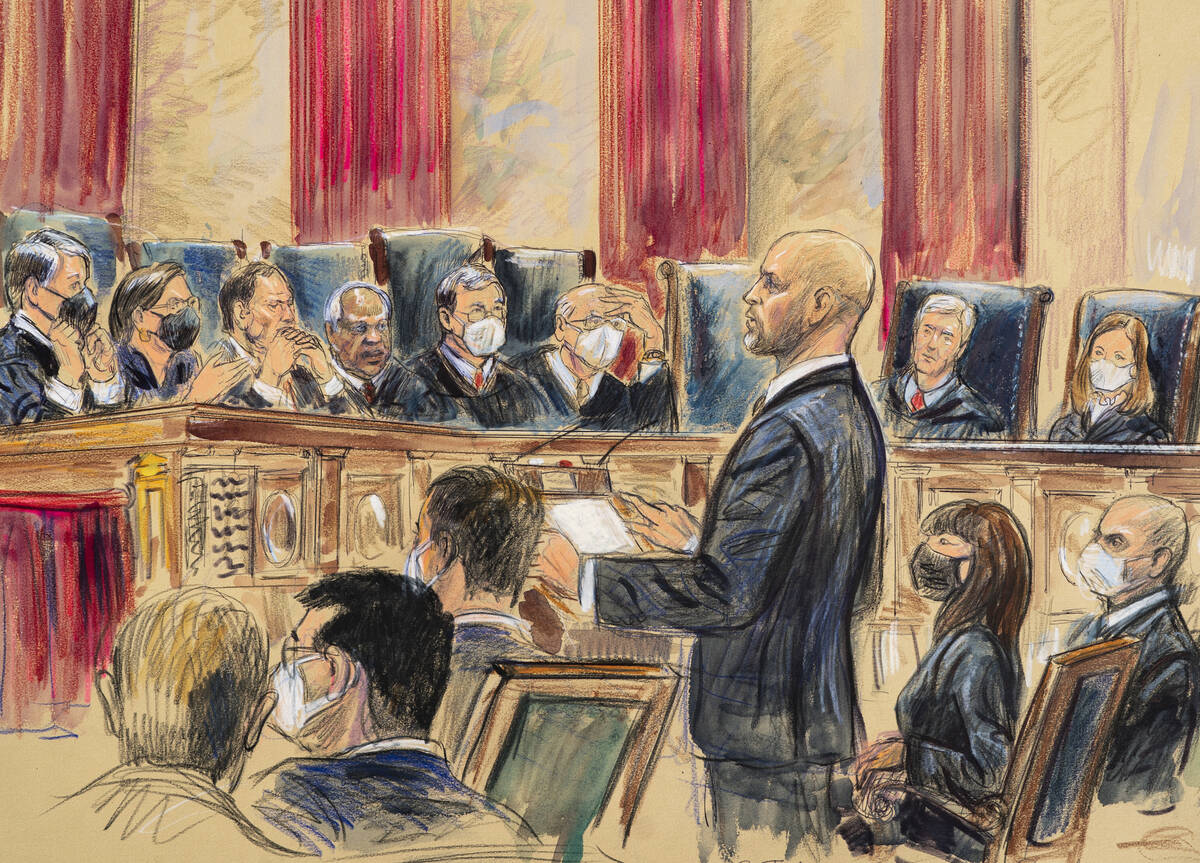 This artist sketch depicts lawyer Scott Keller standing to argue on behalf of more than two doz ...