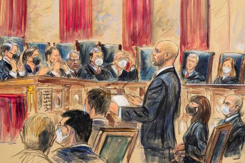 This artist sketch depicts lawyer Scott Keller standing to argue on behalf of more than two doz ...