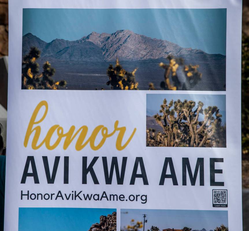 Placard on display during a press conference for the bill to designate Avi Kwa Ame (the Mojave ...