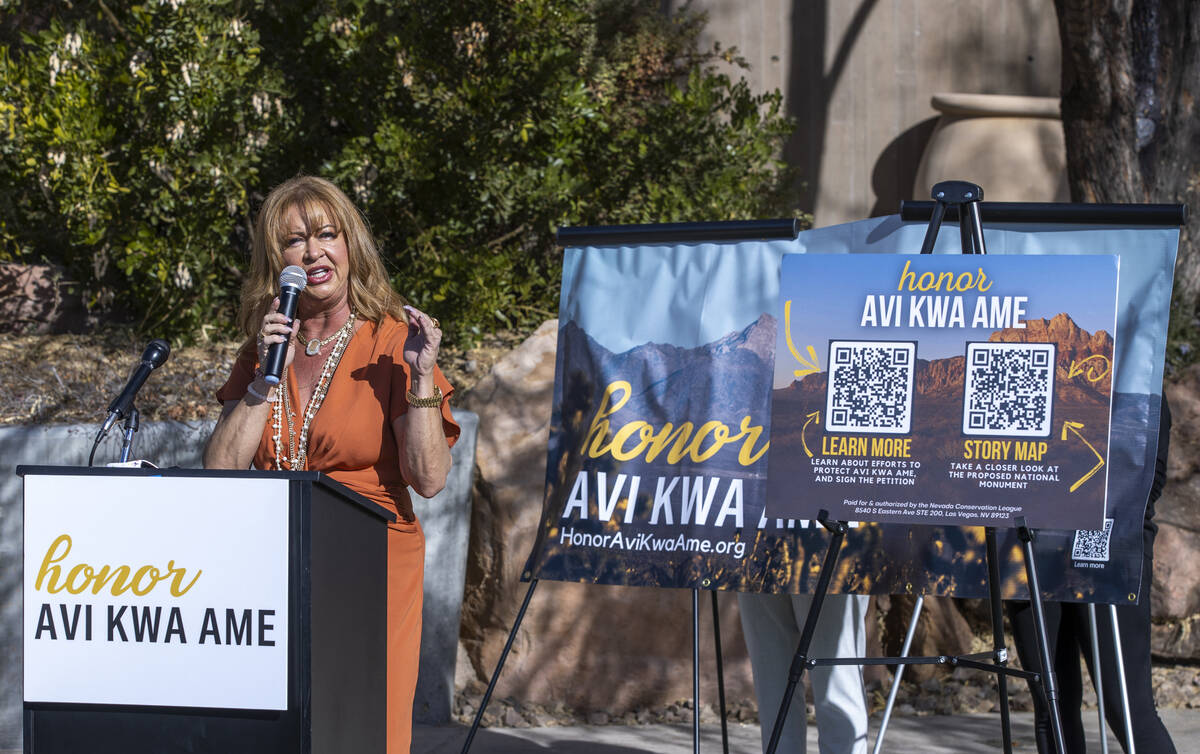 Laughlin Town Advisory Board Chair Kathy Ochs speaks about the bill to designate Avi Kwa Ame (t ...