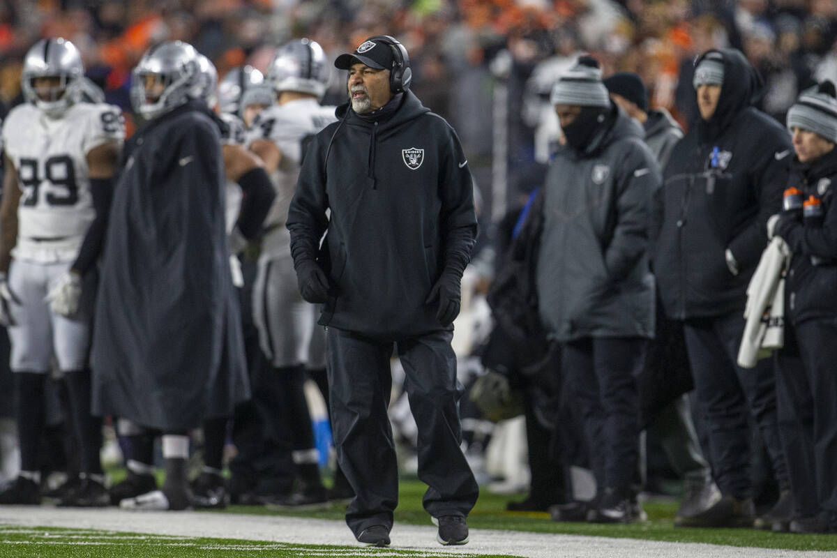 Raiders interim head coach Rich Bisaccia coaches from the sideline during the second half of an ...