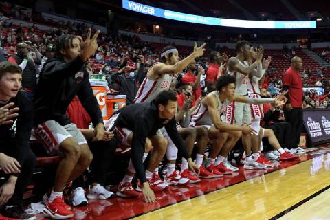 UNLV Rebels players cheer during the second half of a college basketball game against Fresno St ...