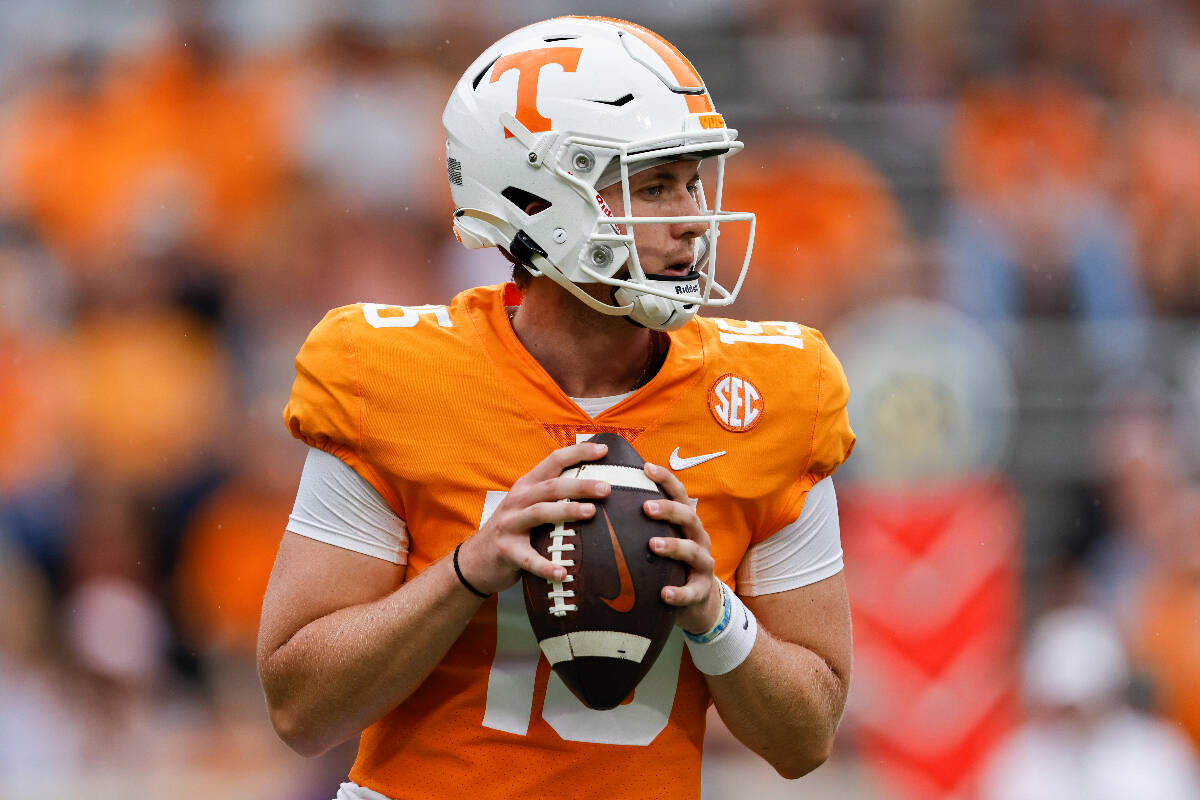 Tennessee quarterback Harrison Bailey (15) looks for a receiver during the second half of an NC ...