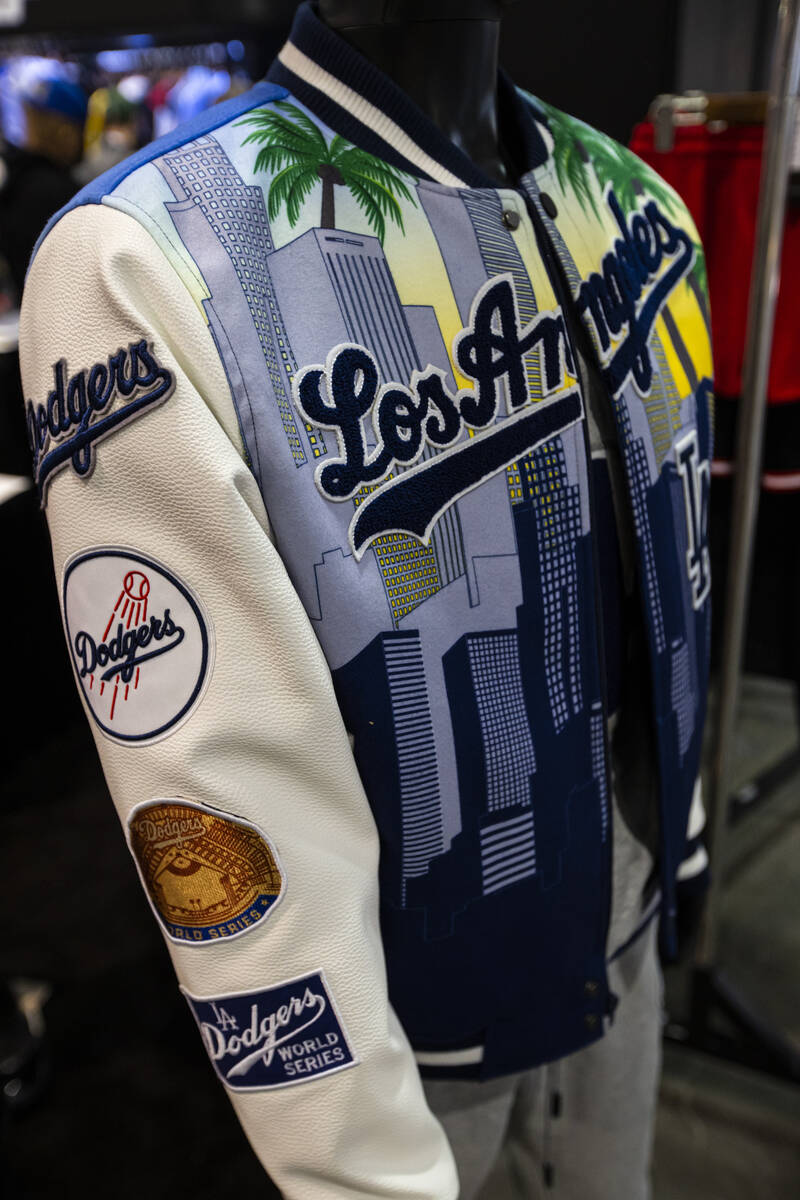 A Los Angeles Dodgers varsity jacket is seen at the Pro Standard booth during the Sports Licens ...