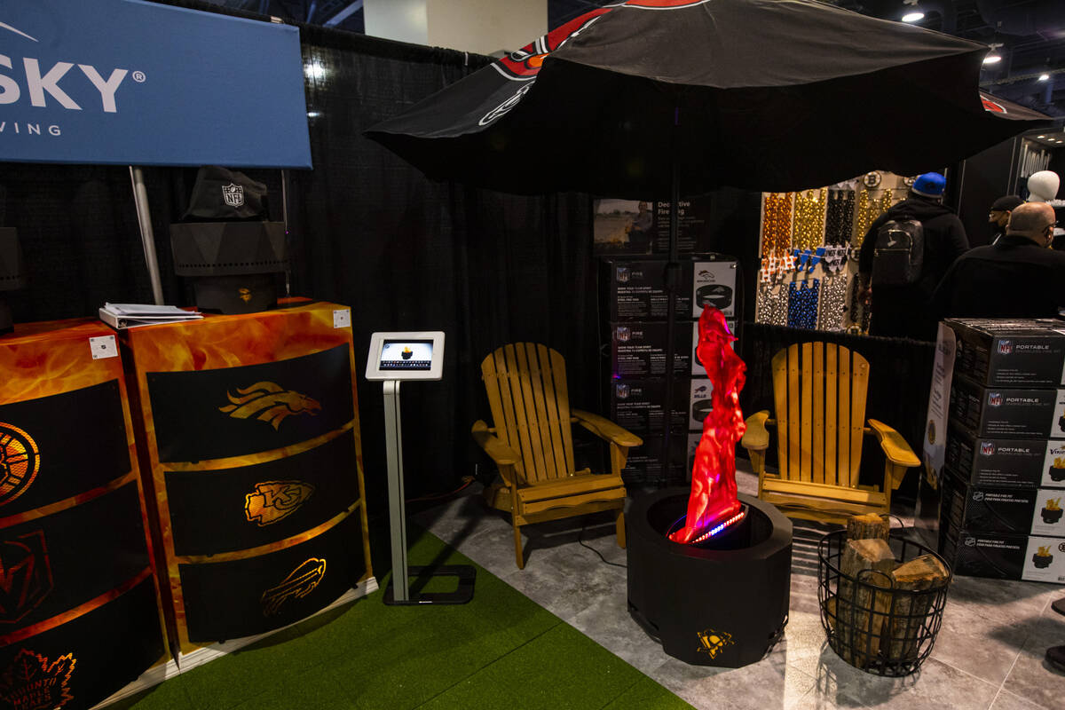 Smokeless fire pits are seen at the Blue Sky Outdoor Living booth during the Sports Licensing & ...