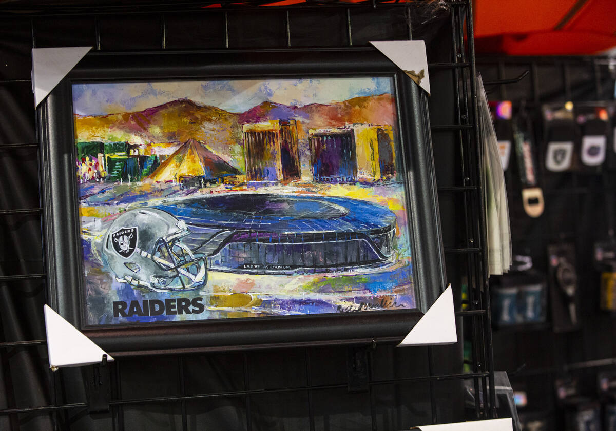 A painting of Allegiant Stadium is seen at the Siskiyou Sports booth during the Sports Licensin ...