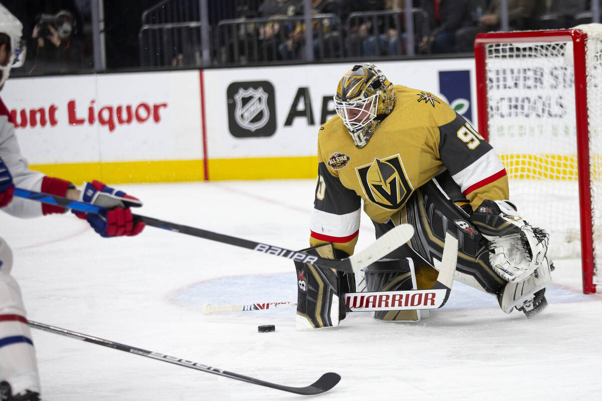 Golden Knights goaltender Robin Lehner (90) saves a Canadiens shot on goal during the second pe ...