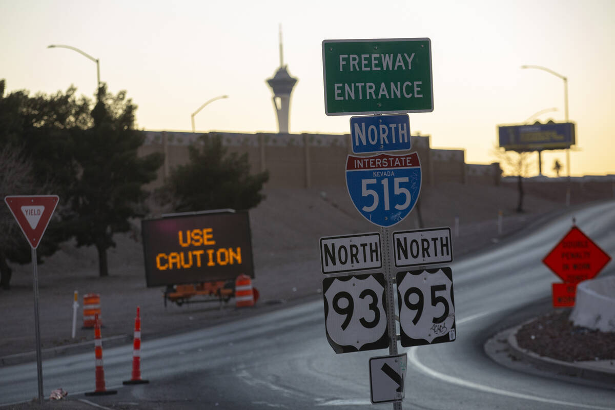 The entrance to U.S. 95 at North Eastern Avenue, near where a portion of a bridge collapsed, on ...