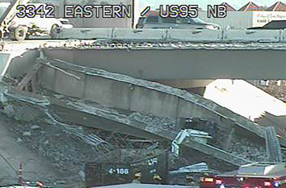The scene of a suspected bridge collapse at U.S. 95 and Eastern Avenue on Thursday, Jan. 20, 20 ...