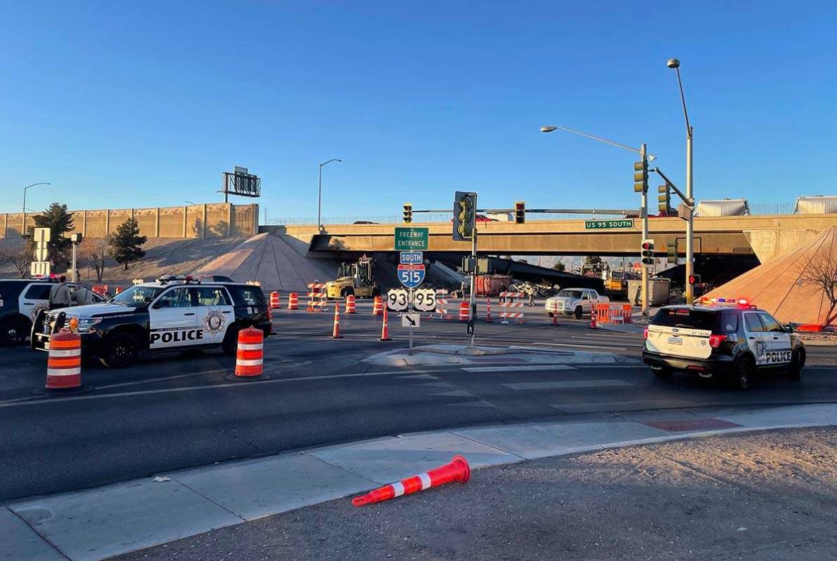 The scene of a suspected bridge collapse at U.S. 95 and Eastern Avenue on Thursday, Jan. 20, 20 ...