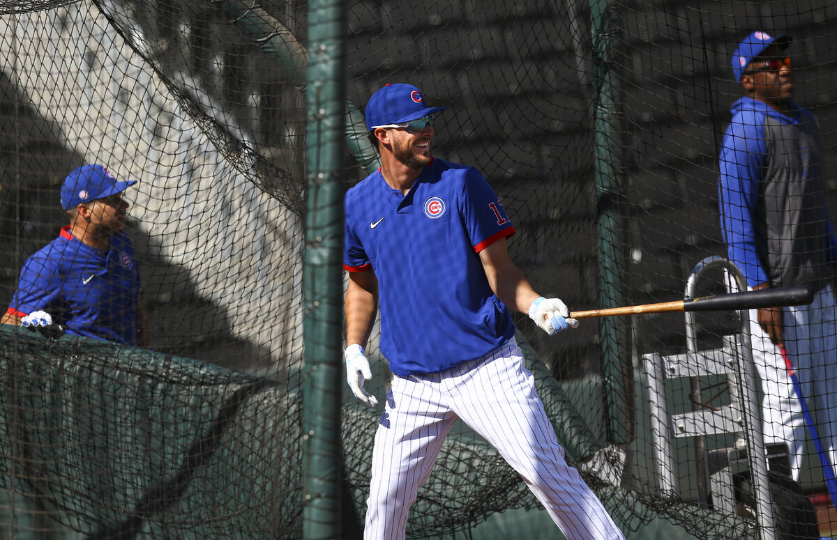 Chicago Cubs' Kris Bryant (17) reacts during batting practice before a baseball game against th ...