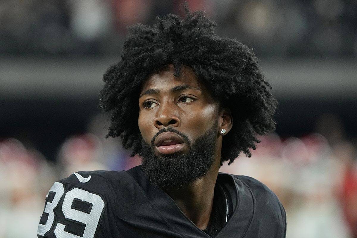 FILE - Las Vegas Raiders cornerback Nate Hobbs warms up before an NFL football game against the ...