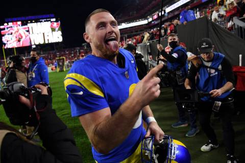 Los Angeles Rams kicker Matt Gay (8) celebrates as he leaves the field after the team defeated ...