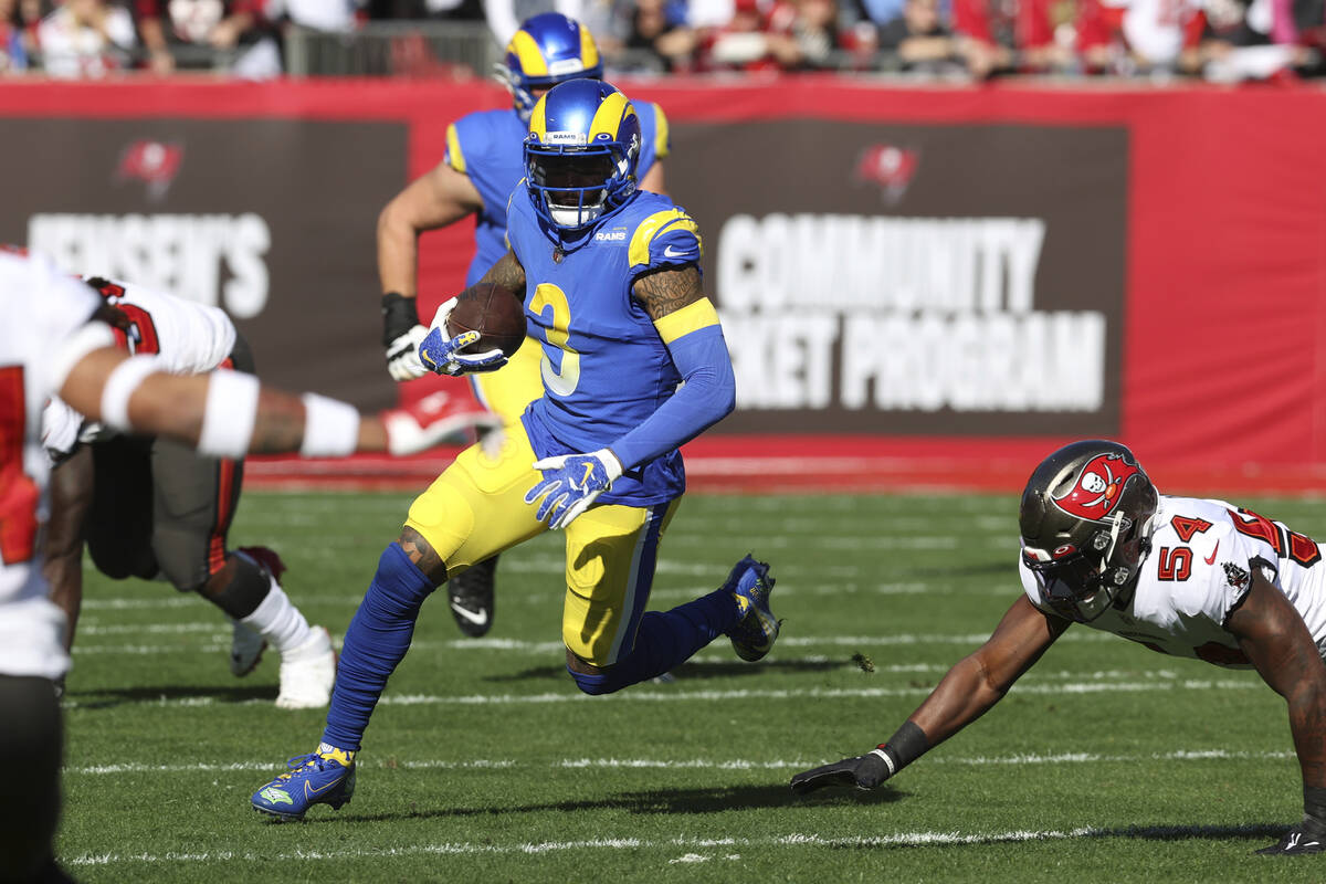 Los Angeles Rams wide receiver Odell Beckham Jr. (3) runs past Tampa Bay Buccaneers inside line ...