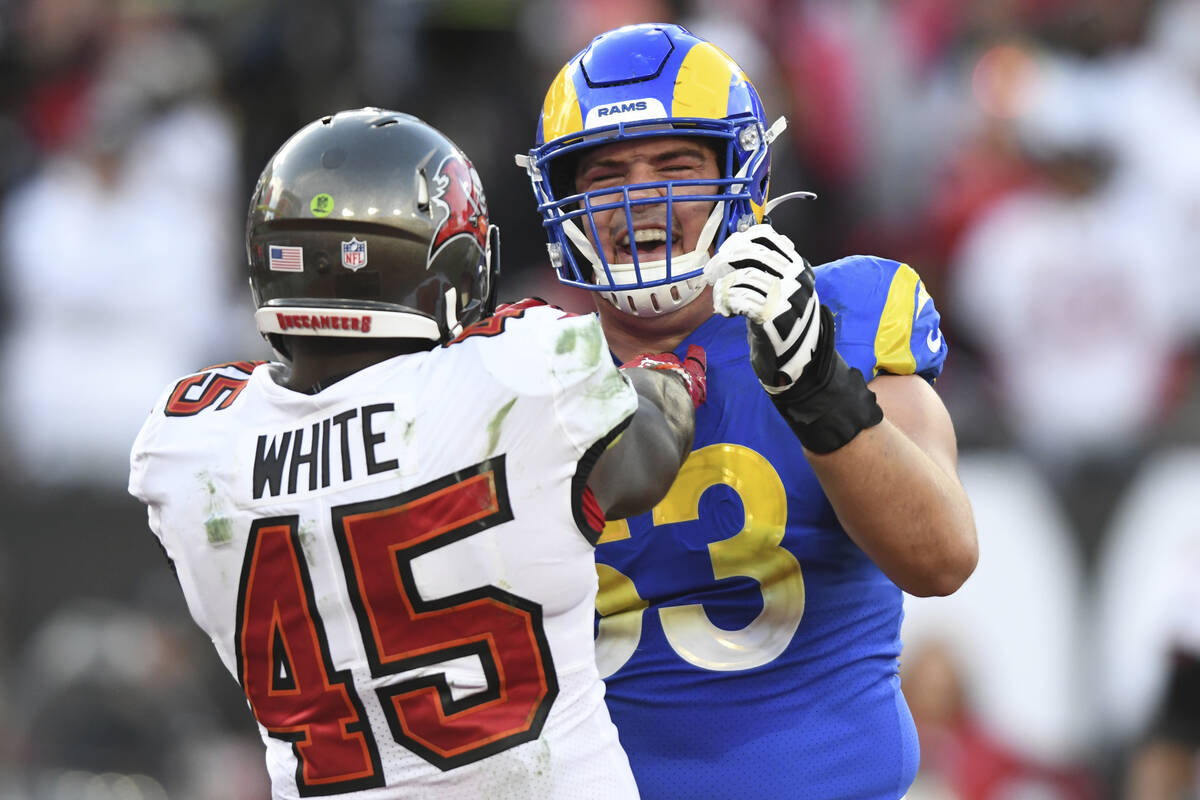 Los Angeles Rams guard Austin Corbett (63) works against Tampa Bay Buccaneers inside linebacker ...