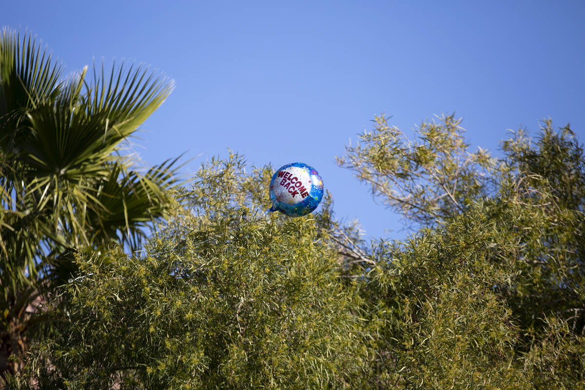 A stray balloon lingers in a tree after a large group welcomed Deedra Russell, who is returning ...