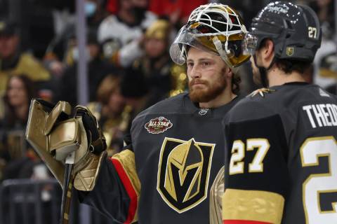 Golden Knights goaltender Laurent Brossoit (39) looks on during the second period of an NHL hoc ...