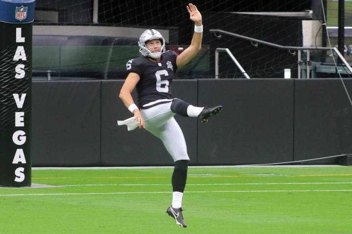 Las Vegas Raiders punter AJ Cole (6) warms up prior to a team practice at Allegiant Stadium in ...