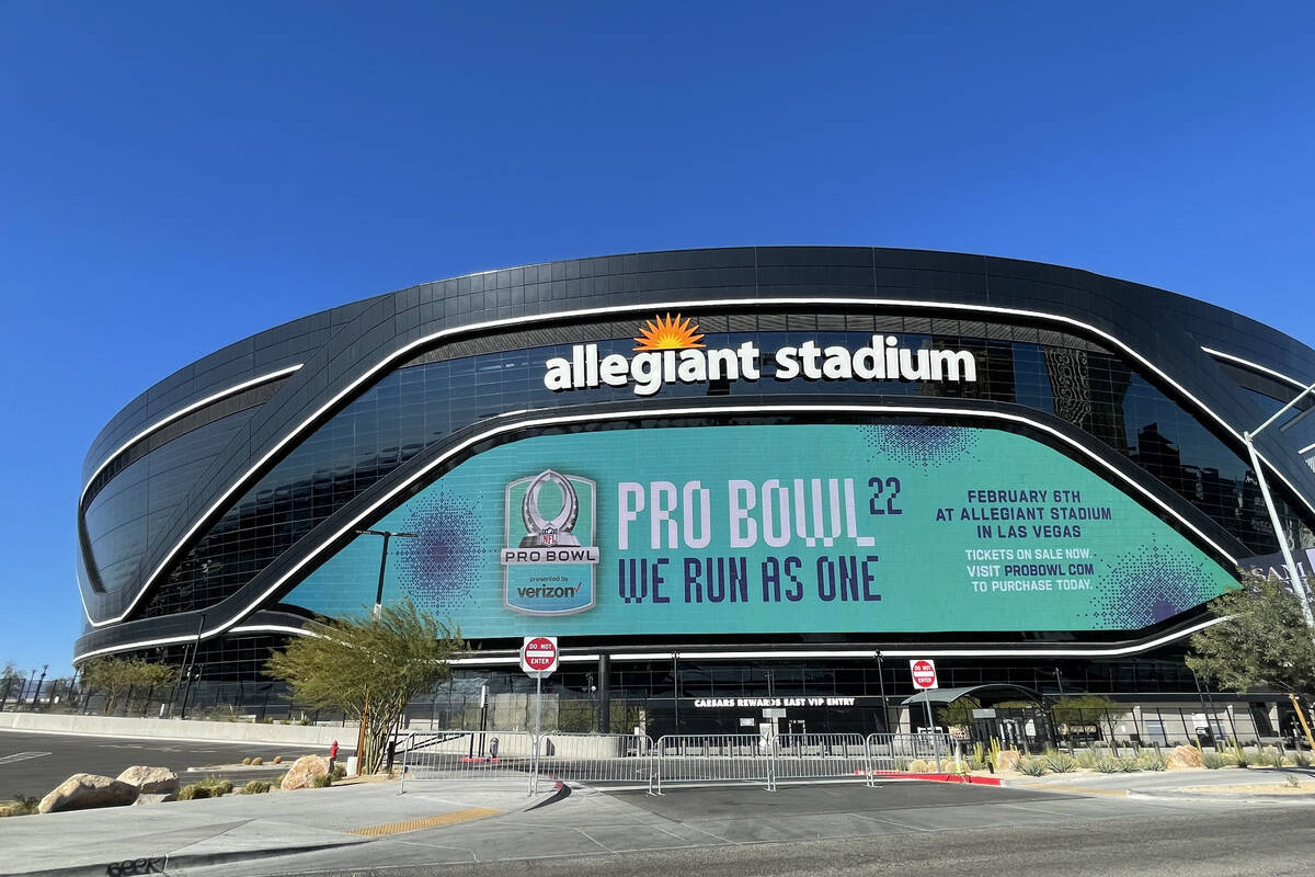 Allegiant Stadium's media mesh screen featuring a Pro Bowl advertisement on it on Tues. Jan. 25 ...