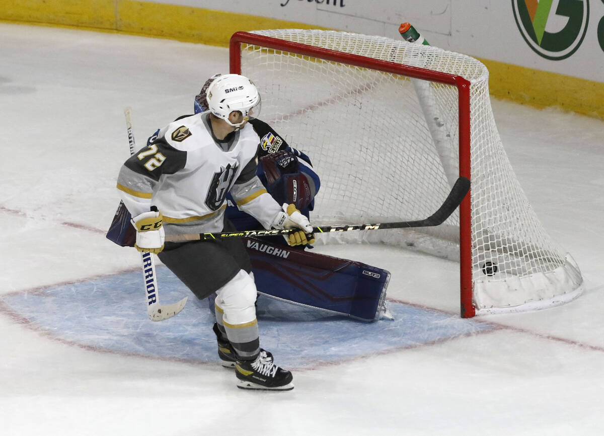 Henderson Silver Knights light wing Gage Quinney (72) scores a goal against Colorado Eagles goa ...