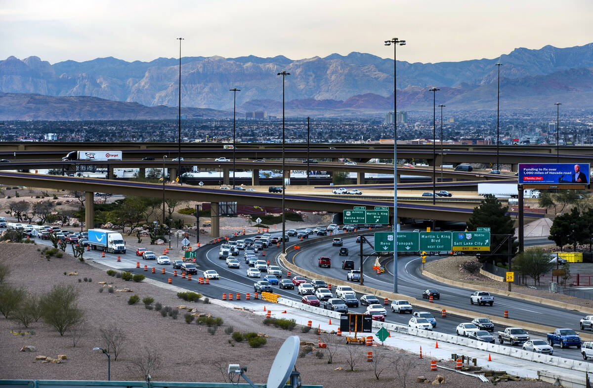 Motorists slowly merge into traffic on the U.S. 95 South near the North Casino Center Boulevard ...