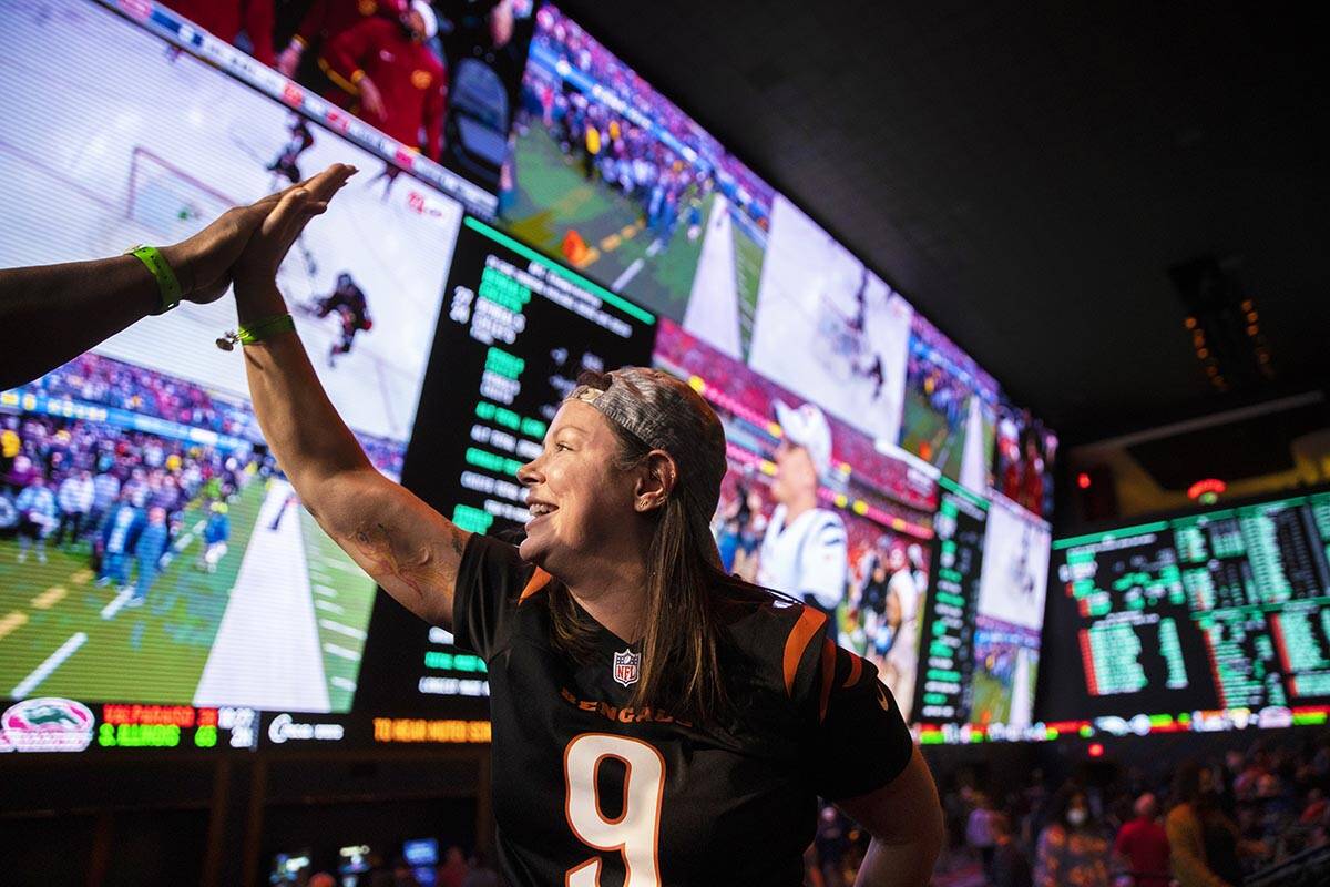 Bengals fan Steph Boyer, from Denver, Colo., cheers for Cincinnati during the AFC Championship ...