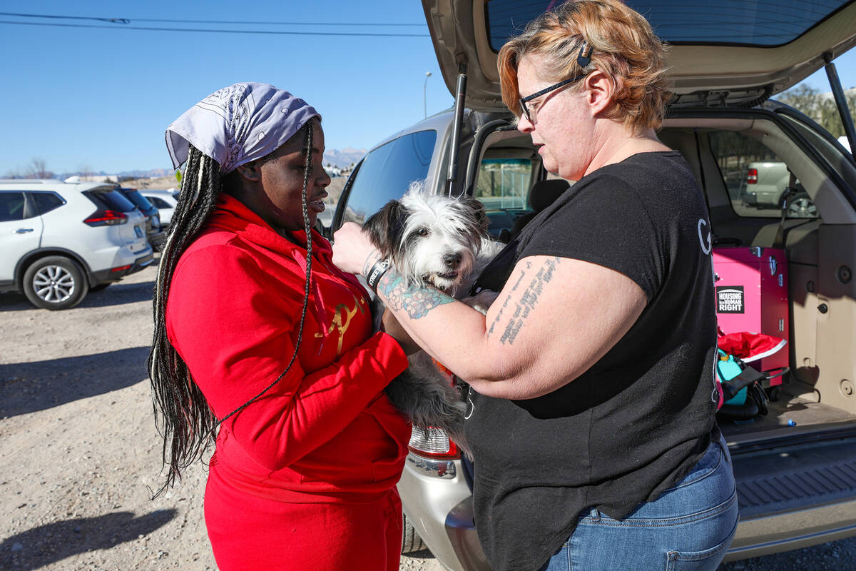 Z’kya Smith, 15, left, gets help from Brandy Glasgow putting a collar on Magic, who belo ...