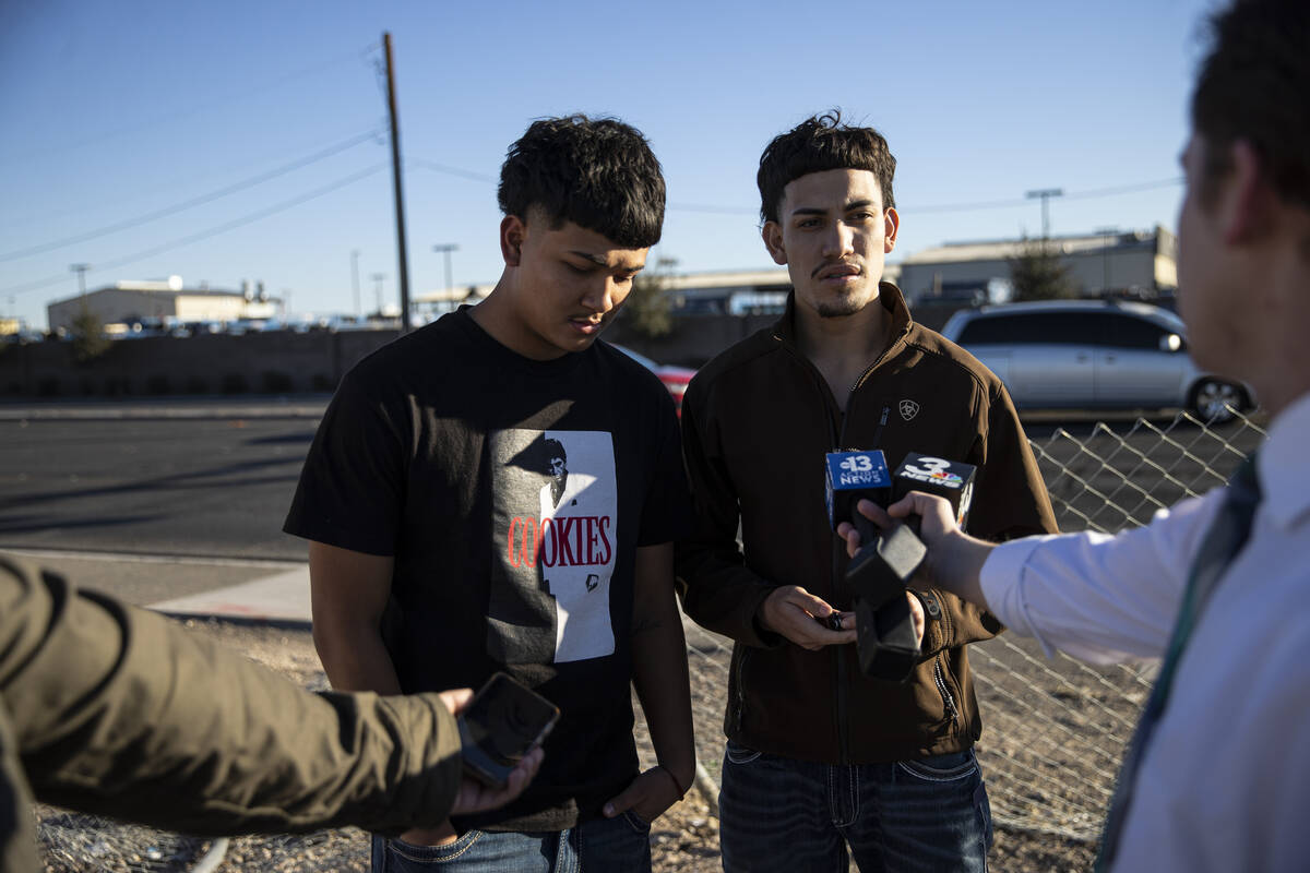 Nick Gomez, left, and Erik Ramos talk about a friend who passed away in “a mass casualty ...