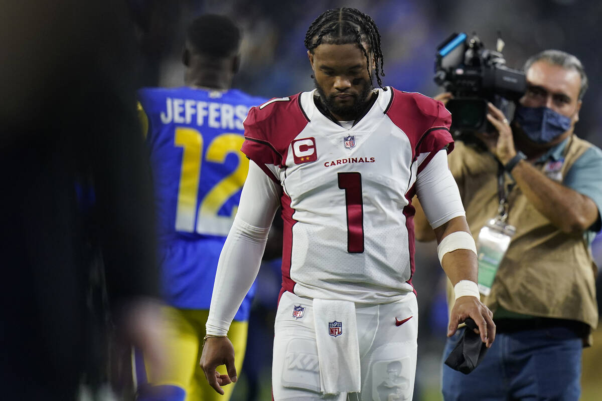 Arizona Cardinals quarterback Kyler Murray (1) walks off the field after the Los Angeles Rams d ...