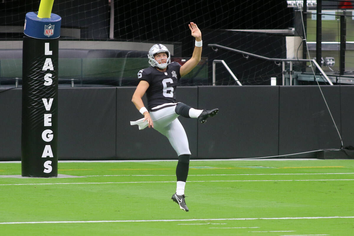 Las Vegas Raiders punter AJ Cole (6) warms up prior to a team practice at Allegiant Stadium in ...