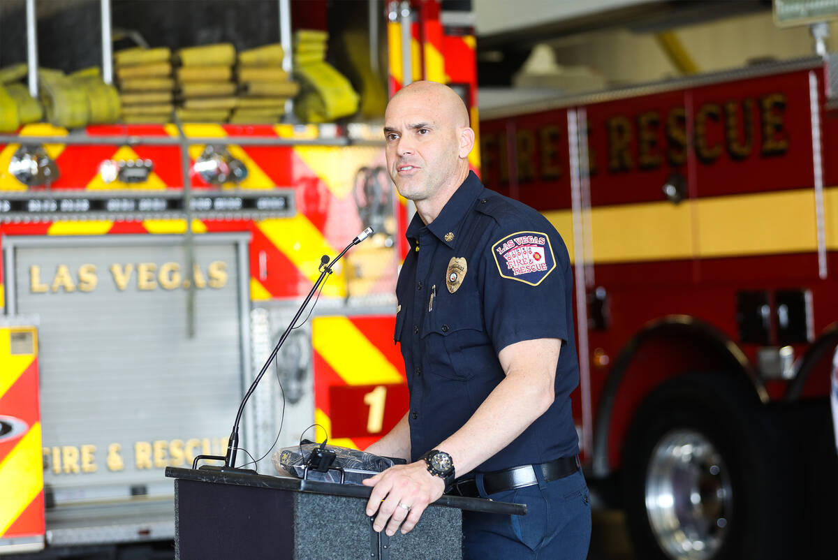 Las Vegas Fire & Rescue Chief Jeff Buchanan addresses the media at Las Vegas Fire and Rescue St ...