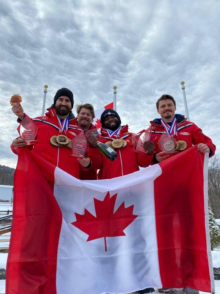 Former UNLV running back Shaquille Murray-Lawrence, third from left, and his Canadian bobsled t ...