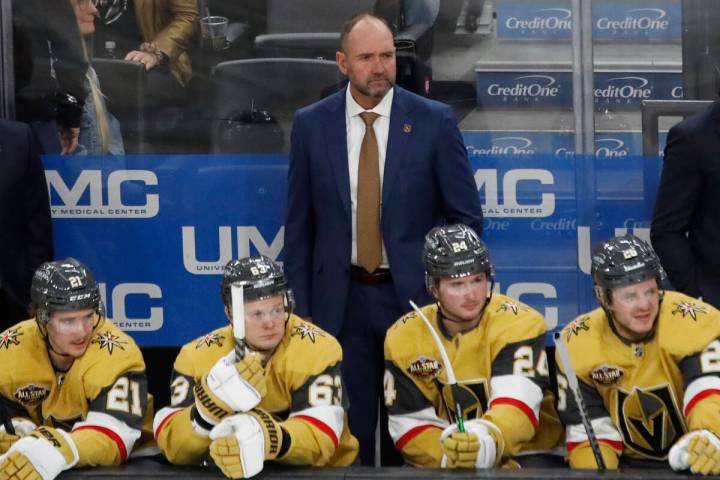 Golden Knights head coach Pete DeBoer watch his players during the third period of an NHL hocke ...