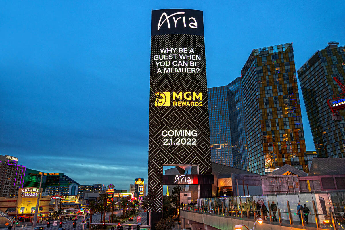 A marquee advertising MGM Reward Points outside Aria on the Strip on Monday, Jan. 31, 2022, in ...