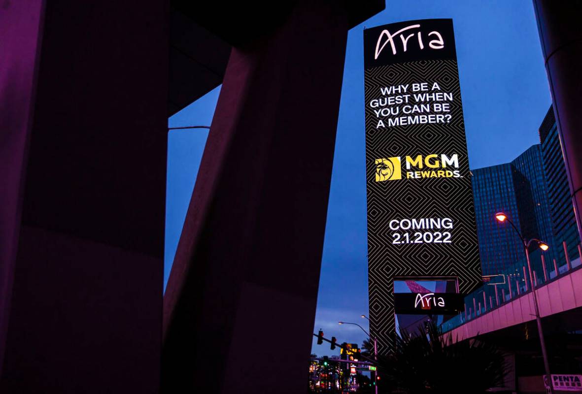 A marquee advertising MGM Reward Points outside Aria on the Strip on Monday, Jan. 31, 2022, in ...