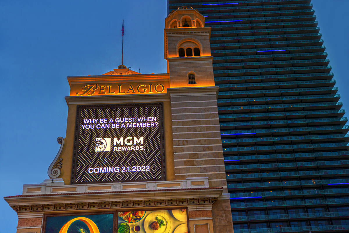 A marquee advertising MGM Reward Points outside Bellagio on the Strip on Monday, Jan. 31, 2022, ...