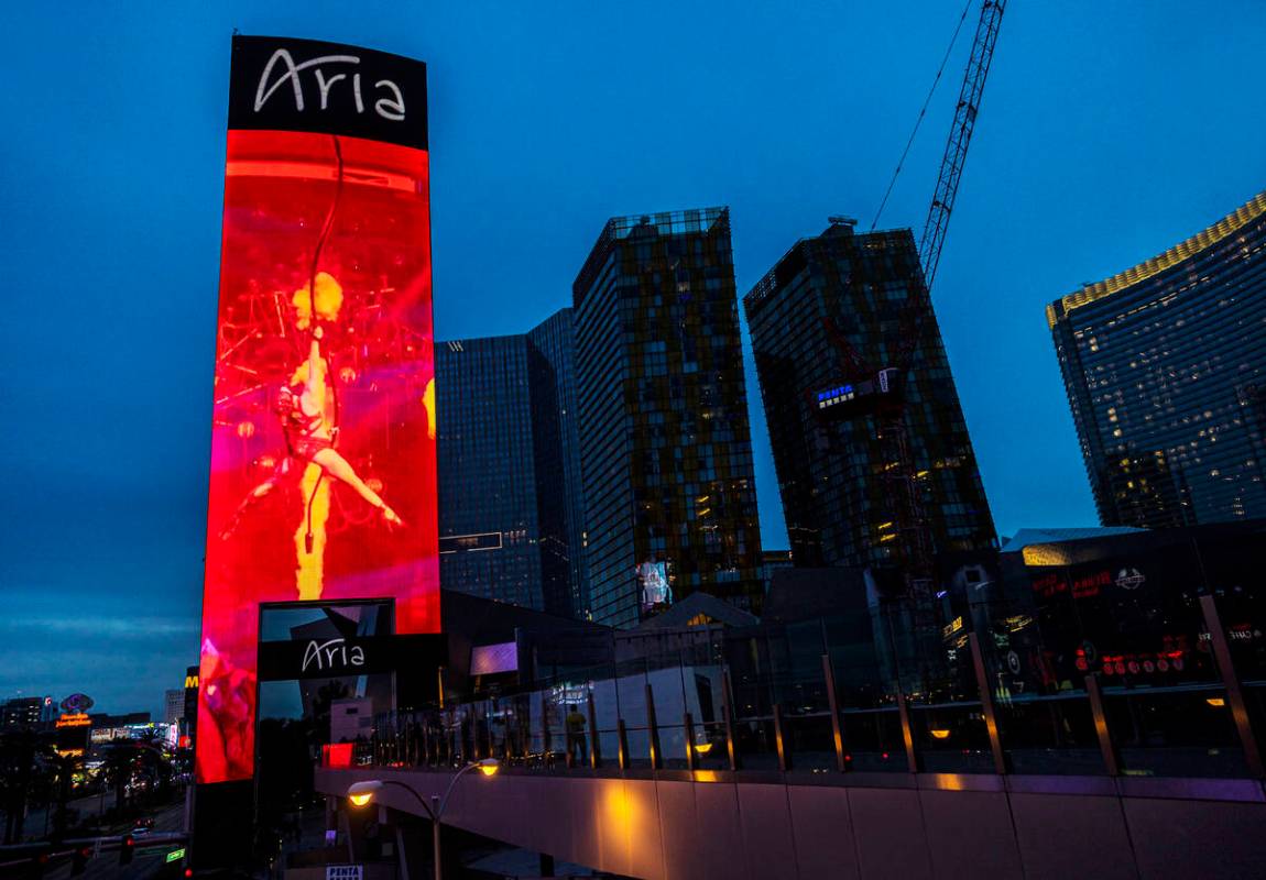 A marquee advertising MGM Reward Points outside Aria on the Strip on Monday, Jan. 31, 2022, in ...