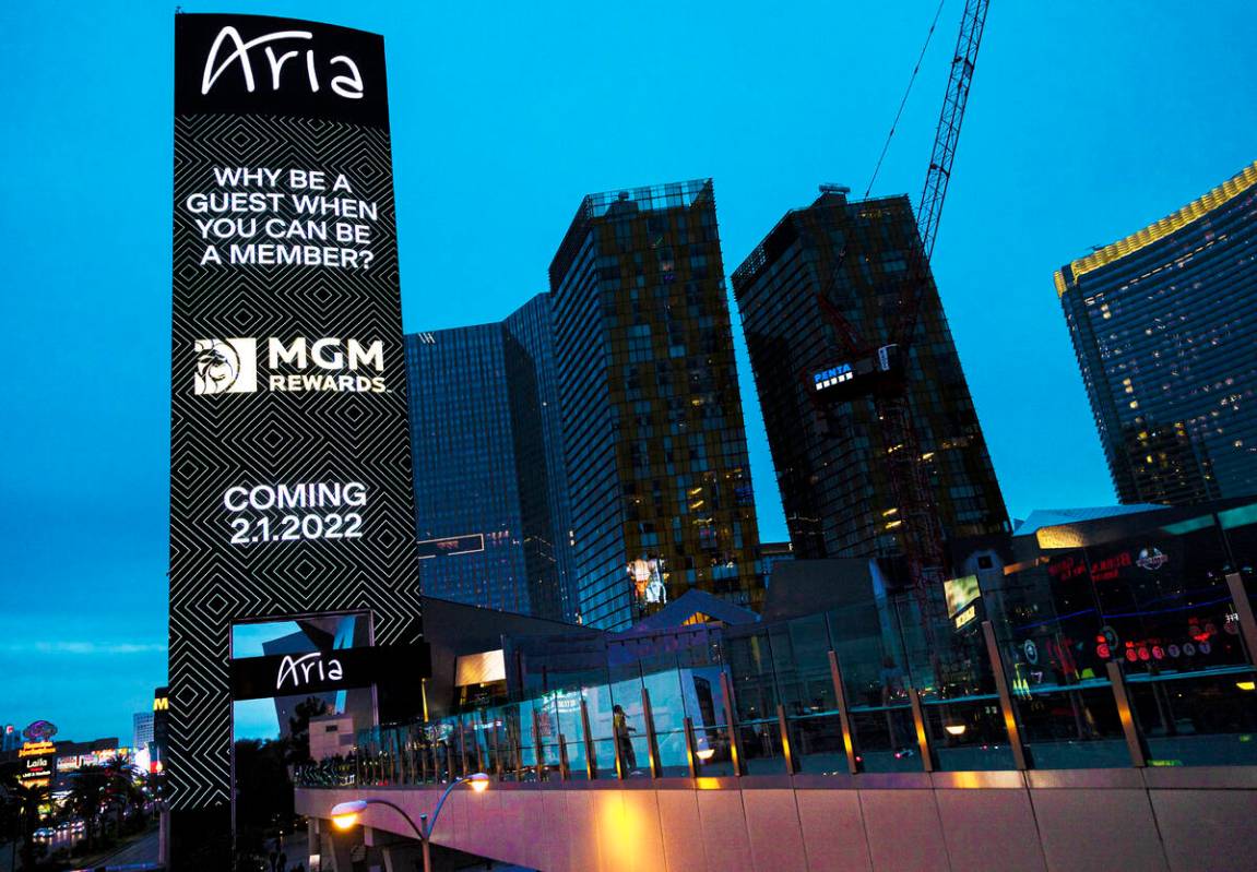 A marquee advertising MGM Reward Points outside Aria on the Strip on Monday, Jan. 31, 2022, in ...