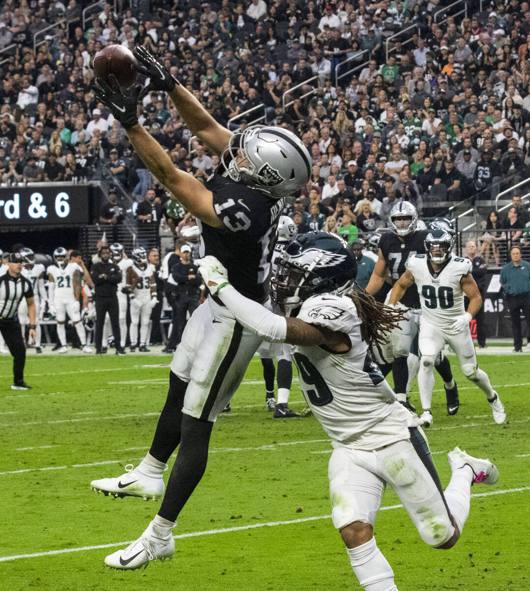 Raiders wide receiver Hunter Renfrow (13) catches the ball as Philadelphia Eagles free safety A ...