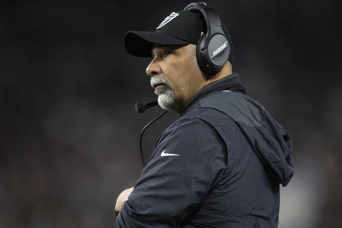 Raiders interim head coach Rich Bisaccia looks on from the sideline during the first half of an ...