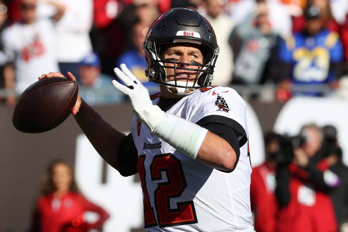 Tampa Bay Buccaneers quarterback Tom Brady (12) throws a pass against the Los Angeles Rams duri ...