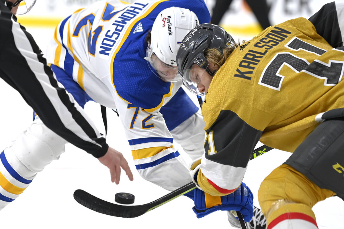Buffalo Sabres right wing Tage Thompson (72) and Vegas Golden Knights center William Karlsson ( ...