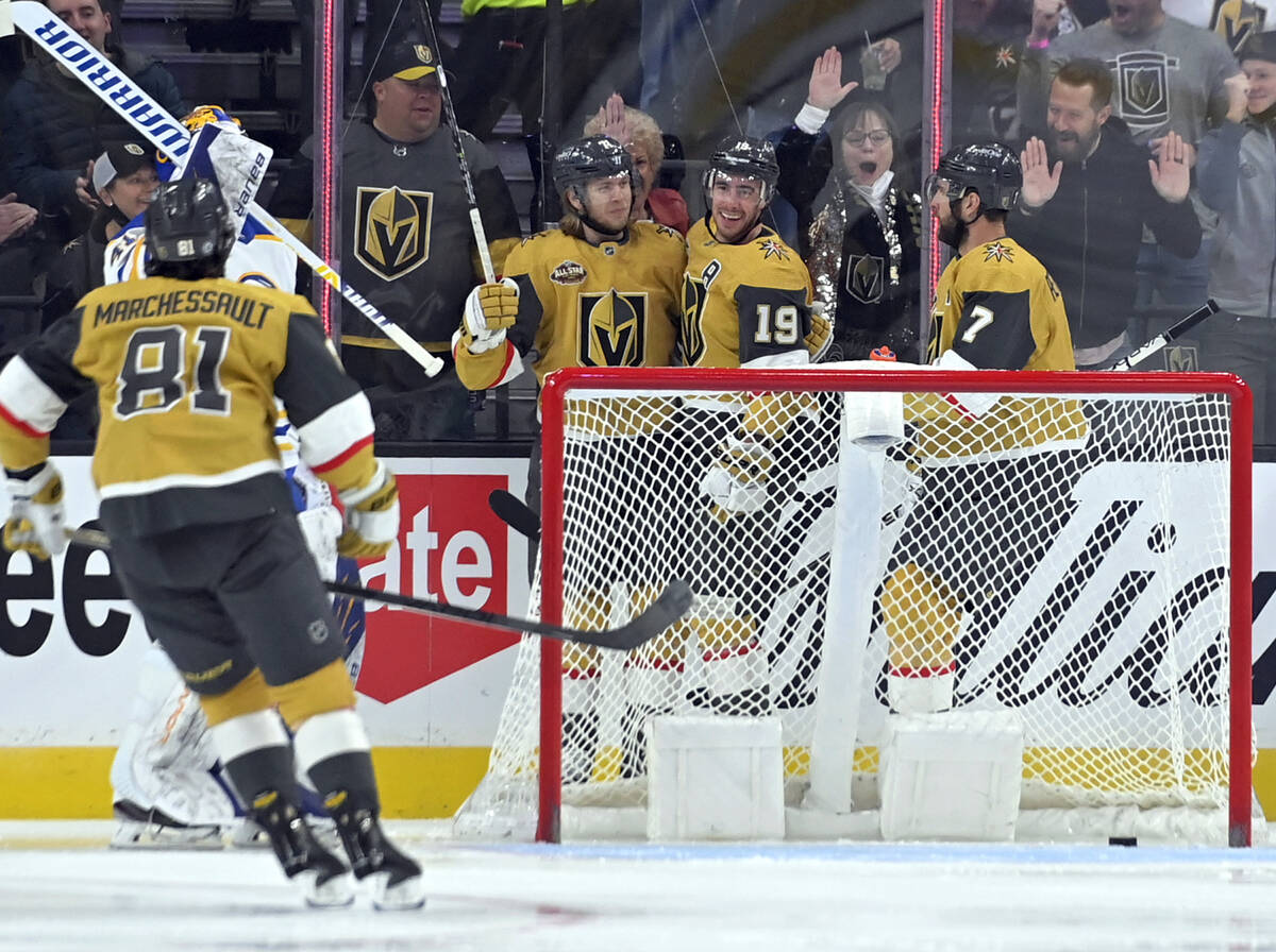 Vegas Golden Knights right wing Reilly Smith (19) celebrates his goal against the Buffalo Sabre ...